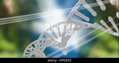 3d Image of dna helix against black background with shiny lines Stock Photo
