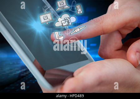 Hands using tablet on white background against squares on futuristic background Stock Photo