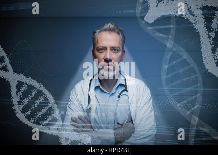 Panoramic view of helix pattern information on device screen against portrait of male doctor standing against wall in corridor Stock Photo