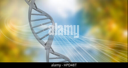 3d Image of dna helix against blue and orange background with shiny lines Stock Photo