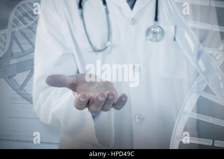 Midsection of doctor gesturing against panoramic view of information data Stock Photo