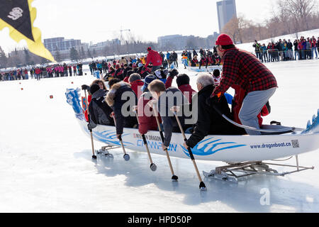 The First ICE Dragon Boat Race Event in North America held on the Rideau Canal on Dow's Lake in Ottawa, Ontario,Canadain February 2017 Stock Photo