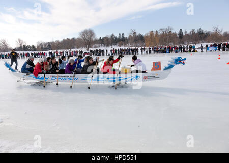 The First ICE Dragon Boat Race Event in North America held on the Rideau Canal on Dow's Lake in Ottawa, Ontario,Canadain February 2017 Stock Photo