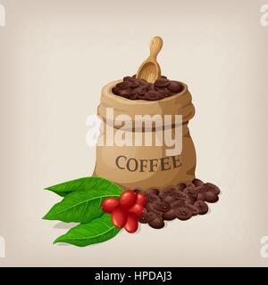 Coffee bag with beans in canvas sack and coffee branch with leaves. Vector illustration Stock Vector
