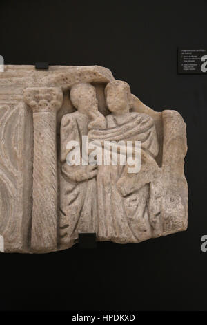 Sarpophagus of marble fragments. Philosopher's scene. Late 3rd-early 4th century. Elche, Alicante. Spain. Stock Photo