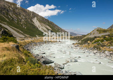 Aoraki/Mount Cook National Park, Canterbury, New Zealand. View over the turbulent waters of the Hooker River towards distant Lake Pukaki. Stock Photo