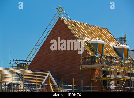 New housing development with roofs under construction, showing rafters, dormer windows, roof timbers, safety equipment and scaffolding with blue sky Stock Photo