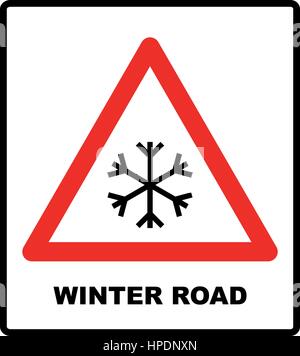 Snow warning sign, weathered with snowflaces. Vector illustration. red triangle symbol isolated on white. Winter road Stock Vector