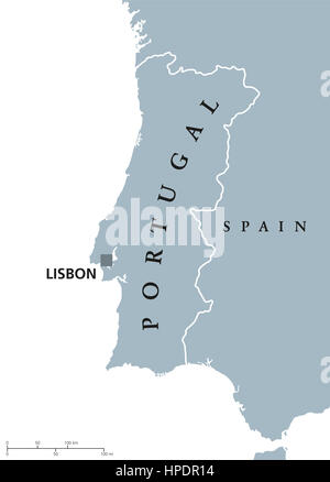 Portugal political map with capital Lisbon and neighbor countries. Republic on the Iberian Peninsula in Southwestern Europe. Stock Photo