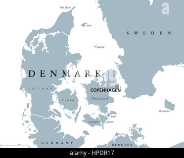 Denmark political map with capital Copenhagen and neighbor countries. Kingdom, Scandinavian and Nordic country in Europe. Stock Photo