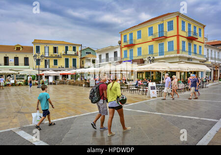 Agios Spyridon central square at Lefkada town, in Lefkada island located in the Ionian sea, Greece Stock Photo