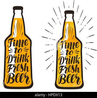 Bottle of beer, lager. Time to drink fresh beer, lettering. Vector illustration Stock Vector