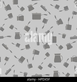 Pots and Pans Silhouettes Seamless Pattern on Grey Background Stock Vector