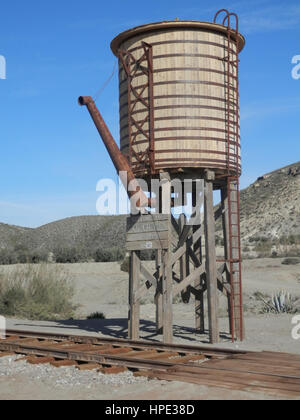 Woodden Railway Water Tower in Fort Bravo Film Set, Tabernas Desert, Almeria, Spain Stock Photo