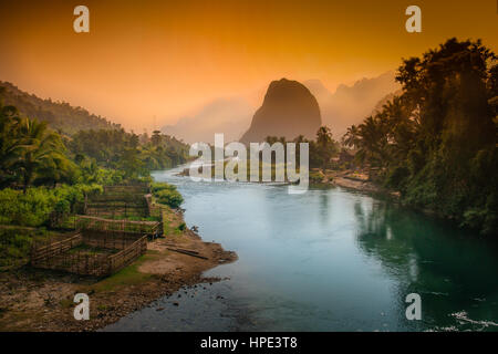 Beautiful karst hills landscape along Nam Song river near Vang Vieng in Laos Stock Photo