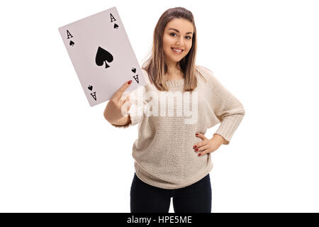 Young woman showing an ace of spades card isolated on white background Stock Photo