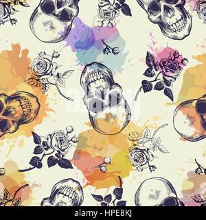 Seamless pattern with skulls and rose flowers drawn in engraving style and translucent colorful blots. Modern and trendy backdrop. Vector illustration for wallpaper, fabric print, poster, flyer. Stock Vector