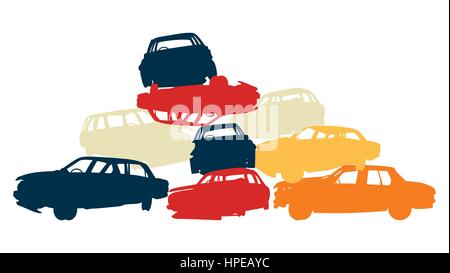 Damaged car pile in wrecking yard colorful vector background isolated on white Stock Vector