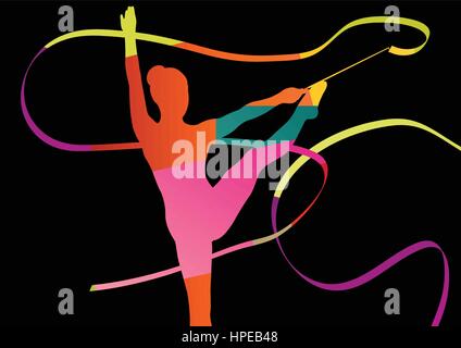 Girl calisthenics sport gymnast silhouette acrobatics flying ribbon abstract background illustration vector Stock Vector