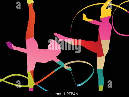 Girl calisthenics sport gymnast silhouette acrobatics flying ribbon abstract background illustration vector Stock Vector