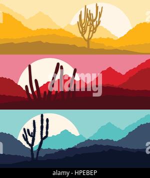 Desert cactus landscape with mountains and hill silhouettes vector nature horizontal background set banners Stock Vector