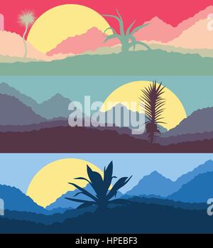 Desert cactus landscape with mountains and hill silhouettes vector nature horizontal background set banners Stock Vector