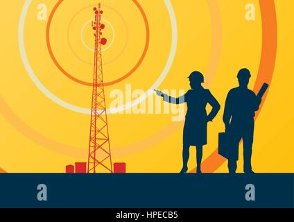 Telecommunication tower with television antennas and satellite dish engineer inspection vector background with illustrative abstract wireless signal Stock Vector