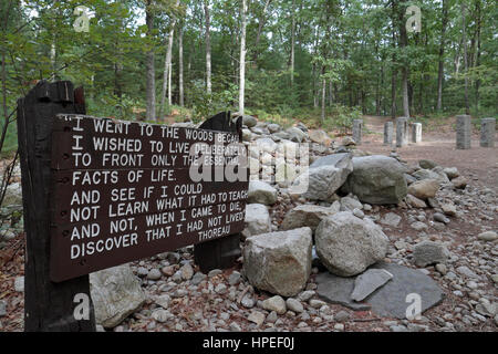 Henry David Thoreau's famous quotation on a memorial close to the site of his small hut in Walden Woods, Walden Pond, Concord, MA, United States. Stock Photo