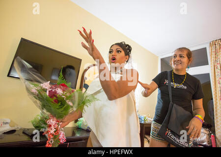 Make-up, nails, getting dressed - the usual prepping for unusual wedding ceremony - Wedding day of Cuban transgender woman, Malu Cano, a transgender r Stock Photo