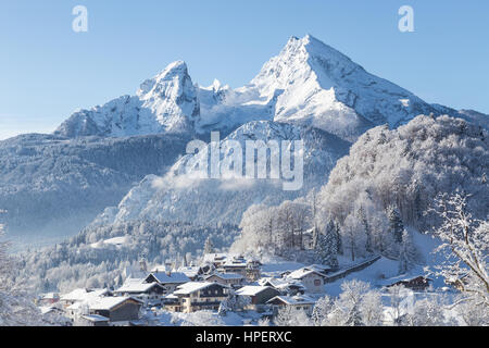 Winter wonderland scenery with the historic town of Berchtesgaden and Watzmann mountain in the Alps, Bavaria, Germany Stock Photo