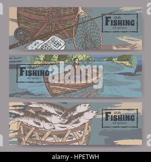 Three color landscape banners with fishing related sketches. Stock Vector