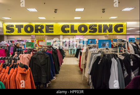Store closing sign at the soon to be closing Sears store in Rego Park in the New York borough of the Queens on Saturday, February 18, 2017. Sears Holdings has deemed the store unprofitable and it will be closing sometime in April. The store is one of the 42 stores they will close in the spring. Sears is also closing 108 Kmart stores. (© Richard B. Levine) Stock Photo