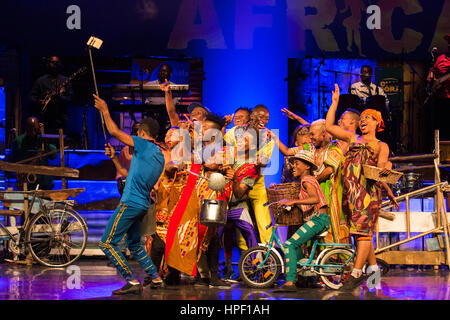 London, UK. 20 February 2017. The company takes a selfie on stage during the show. Circus company Circus of the Senses visits London from 21 February to 11 March 2017 to take audiences on a journey of discovery into Africa’s colourful world with Mother Africa: Khayelitsha – My Home. Featuring acrobats, dancers, singers and musicians from seven African nations, the group blends circus feats, colourful costumes, singing, infectious rhythms and dance to bring the pulse of daily life in the South African township of Khayelitsha to the Peacock Theatre in London's West End. Stock Photo