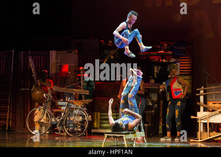 London, UK. 20 February 2017. Tomas Teka Alemu (top) and  Tamrat Ayalew (bottom) performing Icarian Games. Circus company Circus of the Senses visits London from 21 February to 11 March 2017 to take audiences on a journey of discovery into Africa’s colourful world with Mother Africa: Khayelitsha – My Home. Featuring acrobats, dancers, singers and musicians from seven African nations, the group blends circus feats, colourful costumes, singing, infectious rhythms and dance to bring the pulse of daily life in the South African township of Khayelitsha to the Peacock Theatre in London's West End. Stock Photo