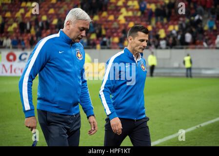 April 29, 2015: Stefan Preda, asistent coach and Costantin Galca the coach of FCSB  at the end of the Liga I Soccer Romania game between FC Steaua Bucharest ROU and ASA 2013 Targu Mures ROU at National Arena, Bucharest,  Romania ROU. Foto: Catalin Soare Stock Photo