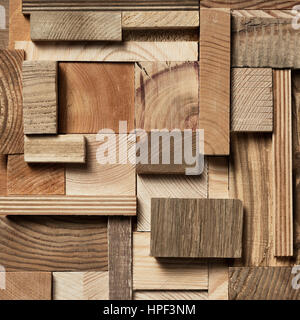 Natural wooden blocks in collage background. Used various forms and textures of wood. Stock Photo