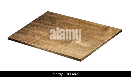 Dark wooden tabletop on white background. Made of plywood. Stock Photo