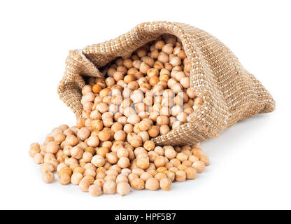 Dry chickpeas in sack isolated on white background. Chickpeas in burlap bag on white background isolate. Uncooked chick-pea. Chickpea grains Stock Photo