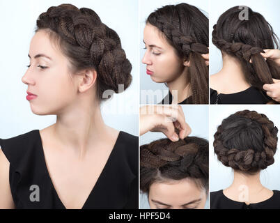 Process of weaving braid. Hairstyle for long hair. Boho style. Hairstyle volume braided crown tutorial step by step. Hairstyle for long hair Stock Photo