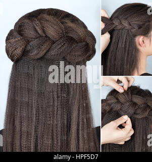 Process of weaving braid. Hairstyle for long hair. Boho style. Half-up hairstyle volume braided crown tutorial step by step. Hairstyle for long hair.  Stock Photo