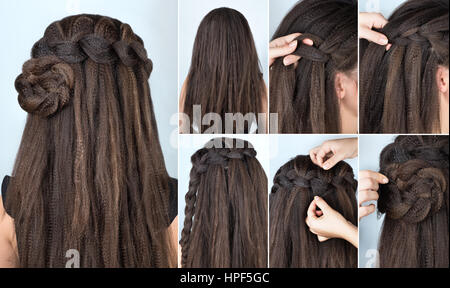 hairstyle braided rose tutorial  step by step. Hairstyle for long hair. Simple hairstyle for long and medium loose hair tutorial. Braided hairstyle Stock Photo