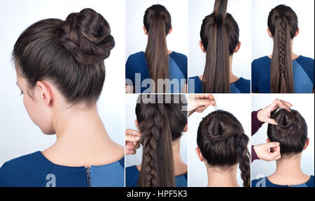 Hairstyle tutorial  elegant bun with braid. Simple hairstyle twisted bun with plait tutorial. Hairstyle tutorial for long hair. Hairstyle bun Stock Photo