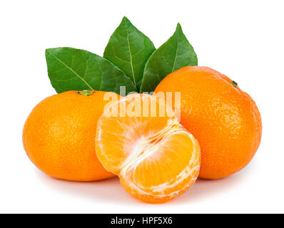 Tangerine with leaves and slices isolated on white. Ripe mandarins isolated on white. Citrus fruit Stock Photo