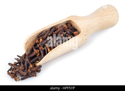 Wooden shovel with dried cloves isolated on white background. Aromatic seasoning. Scoop with cloves scattered from it Stock Photo