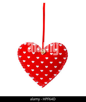 sewn heart isolated on white background. Valentine theme - red felt heart with thread. Valentine's day gift fabric heart. Decorative textile heart iso Stock Photo