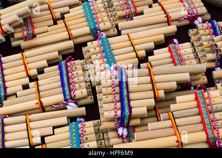 wooden pan flute on a street market Stock Photo