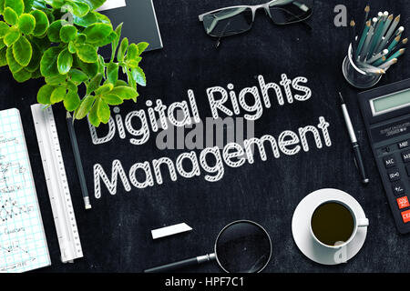 Top View of Office Desk with Stationery and Black Chalkboard with Business Concept - Digital Rights Management. 3d Rendering. Toned Image. Stock Photo