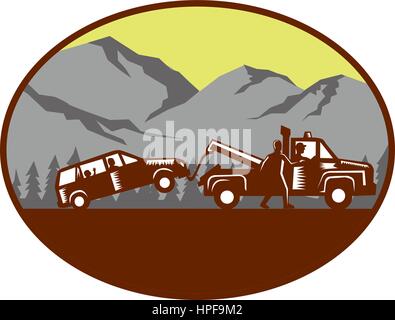 Illustration of a car being towed away, people in the car, child looking looking out the back window with man walking beside tow truck talking to driv Stock Vector