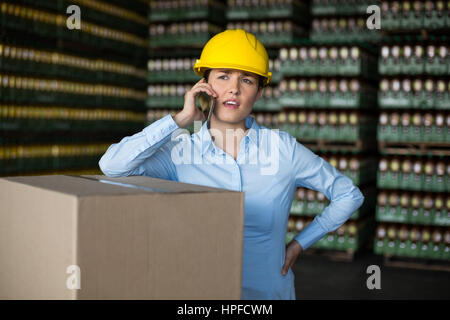 Female factory worker talking on mobile phone in factory Stock Photo
