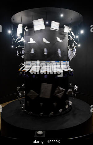 London, UK. 22nd Feb, 2017. January 2017 Horoscope in the form of a zoetrope by Camille Henrot - Electricity: The spark of life is a new exhibition opening at the Wellcome Collection in London which explores the story of electricity, its connections to our lives and how it has transformed our modern world. Featuring over 100 objects and three new commissions from celebrated artists, the exhibition contemplates the contradictory life-giving and death-dealing extremes generated by electricity. Credit: Guy Bell/Alamy Live News Stock Photo